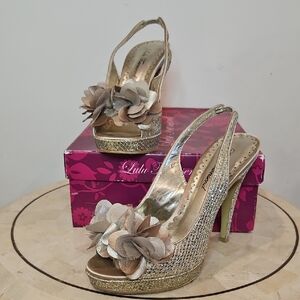 Lulu Townsend Metallic Slingback Heels with Floral Detail